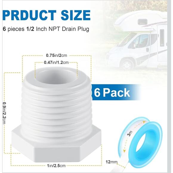 RV Water Heater Drain Plug 1/2" NPT 6-Pack + Teflon Tape | Camper Replacement - Picture 2 of 5